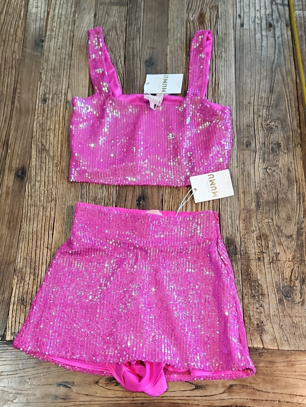NWT Show Me Your MuMu Hot Pink Sequin Two-Piece Skort Set XS Skort S Top